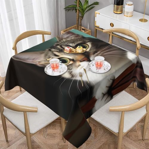 AoRom A Curious Cat bedruckte quadratische Tischdecke, waschbare Tischdecke für Buffet, Esstisch, Party, 137 x 137 cm, 152,4 x 152,4 cm, passend für quadratische oder runde Tische, Weiß von AoRom