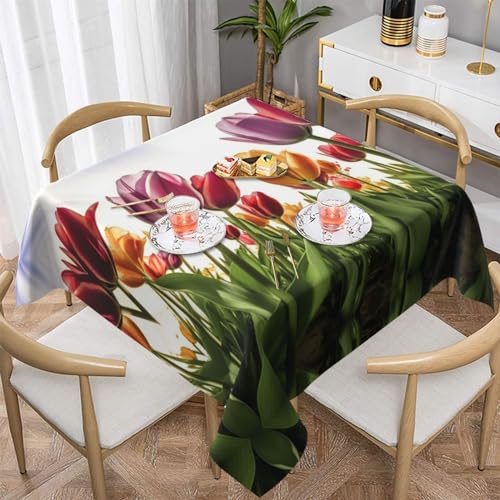 AoRom Bedruckte quadratische Tischdecke mit Tulpenmuster, waschbare Tischdecke für Buffet, Esszimmer, Party, 137 x 137 cm, 152,4 x 152,4 cm, passend für quadratische oder runde Tische von AoRom