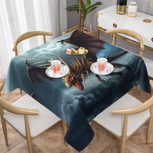 AoRom Bedruckte quadratische Tischdecke mit fliegendem Drachen, waschbare Tischdecke für Buffet, Esszimmer, Party, 137 x 137 cm, 152,4 x 152,4 cm, passend für quadratische oder runde Tische von AoRom