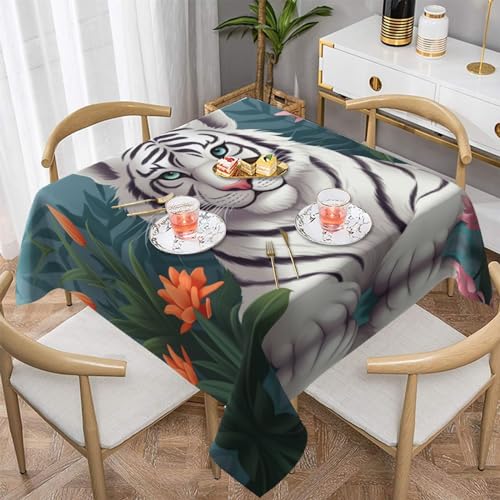 AoRom Quadratische Tischdecke mit süßem weißen Tiger-Druck, waschbare Tischdecke für Buffet, Esszimmer, Party, 137 x 137 cm, 152,4 x 152,4 cm, passend für quadratische oder runde Tische von AoRom