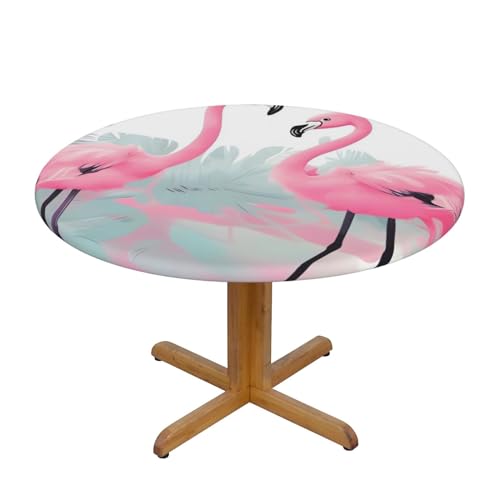 AoRom Rosafarbene Tischdecke mit Flamingo-Druck, wasserdicht, runde Tischdecke mit elastischem Rand, passend für runde Tische mit einem Durchmesser von bis zu 101,6 cm – 127 cm von AoRom