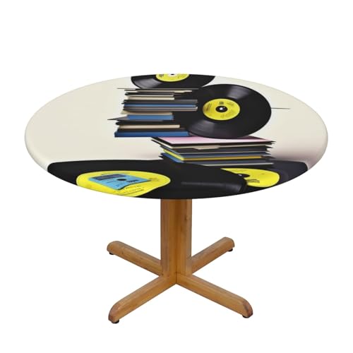 AoRom Runde Tischdecke mit Vinyl-Schallplatten und Bändern, wasserdicht, runde Tischdecke mit elastischem Rand, passend für runde Tische mit einem Durchmesser von bis zu 101,6 cm – 127 cm von AoRom