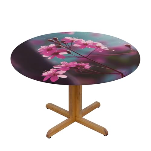 AoRom Runde Tischdecke mit kleinen, rosa Blumen, wasserdicht, runde Tischdecke mit elastischem Rand, passend für runde Tische mit einem Durchmesser von bis zu 101,6 cm – 127 cm von AoRom