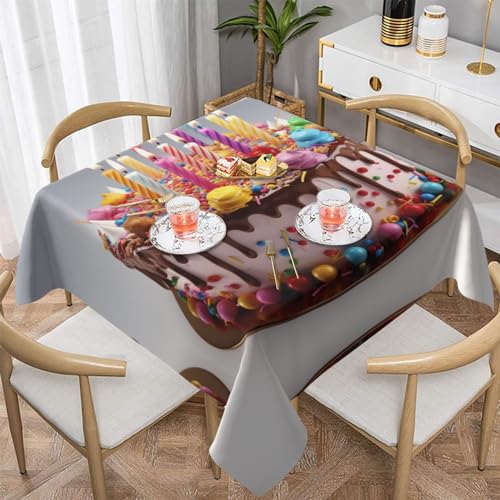 AoRom Schöne bedruckte quadratische Tischdecke mit Aufschrift "Happy Birthday", waschbare Tischdecke für Buffet, Esszimmer, Party, 137 x 137 cm, 152,4 x 152,4 cm, passend für quadratische oder runde von AoRom