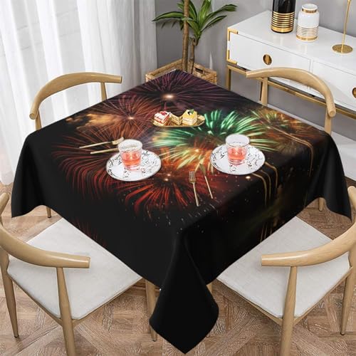 AoRom Splendid Feuerwerk bedruckte quadratische Tischdecke, waschbare Tischdecke für Buffet, Esszimmer, Party, 137 x 137 cm, 152,4 x 152,4 cm, passend für quadratische oder runde Tische von AoRom