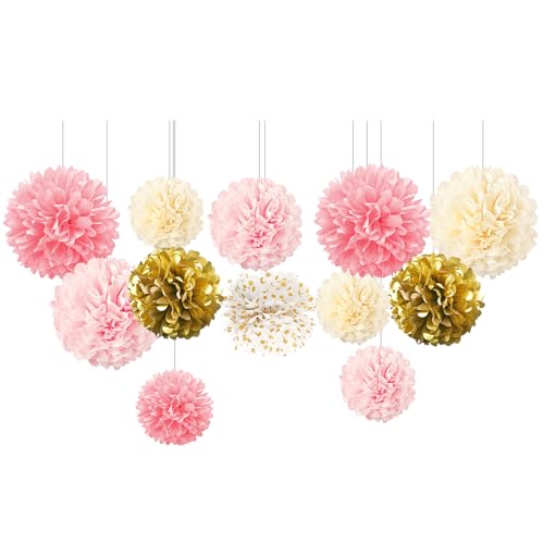 AOBKIAT Hochzeitsdeko Rosa Gold Deko Seidenpapier Pompons für Hochzeit ,12er Papier Blume für Verlobung Tischdeko,Hochzeit,Brautparty,Babyparty von Aobkiat