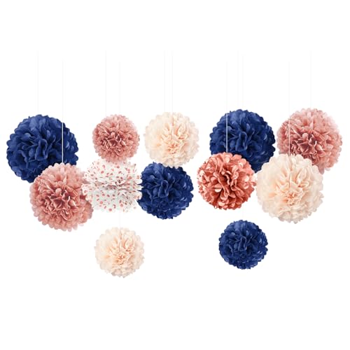 AOBKIAT Hochzeitsdeko Seidenpapier Pompons,12 Stück Marineblau Rosa Papier Blume für Deko Hochzeit,BrautParty,Geburtstag von Aobkiat