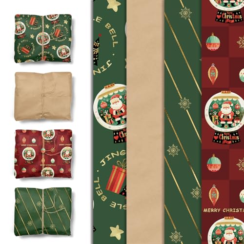 AOBKIAT Weihnachten Geschenkpapier,24 Blätter Rot grün Geschenk Papier mit Weihnachten Kristallkugel Santa,für Xmas Dekoration,Geschenk Verpackung,Merry Christmas Papier,Neujahr,Handwerk51x38CM von Aobkiat