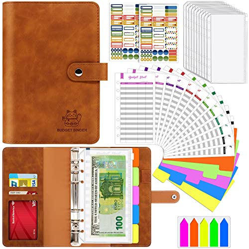 Aocii Budget Planner, Budget Binder A6, Geld Organizer, Bugetplaner mit Folien, Finanzplaner, Haushaltsbuch mit Geldfächer Umschlagmethode, Cash Stuffing Set mit Ringbuch A6 (Braun) von Aocii