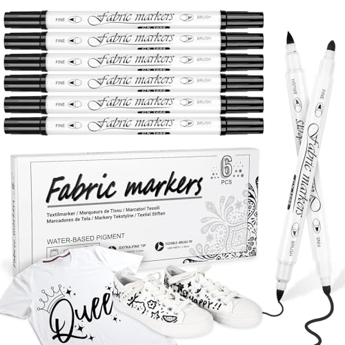 Aocster Textilstifte Waschmaschinenfest Schwarz, 6 Stück Textilmarker Waschmaschinenfest Schwarz, 1-5mm Dual Tip textilfarbe Permanent, Ungiftige Stoffmalstifte für T-Shirt Stoffbeutel Schuhe von Aocster