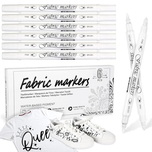 Aocster Textilstifte Waschmaschinenfest Weiß, 6 Stück Textilmarker Waschmaschinenfes Weiß, 1-5mm Dual Tip textilfarbe Permanent, Ungiftige Stoffmalstifte für T-Shirt Stoffbeutel Schuhe von Aocster