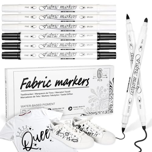 Aocster Textilstifte Waschmaschinenfest Weiß, 6 Stück Textilmarker Waschmaschinenfest Schwarz und Weiß, 1-5mm Dual Tip textilfarbe Permanent, Ungiftige Stoffmalstifte für T-Shirt Stoffbeutel Schuhe von Aocster