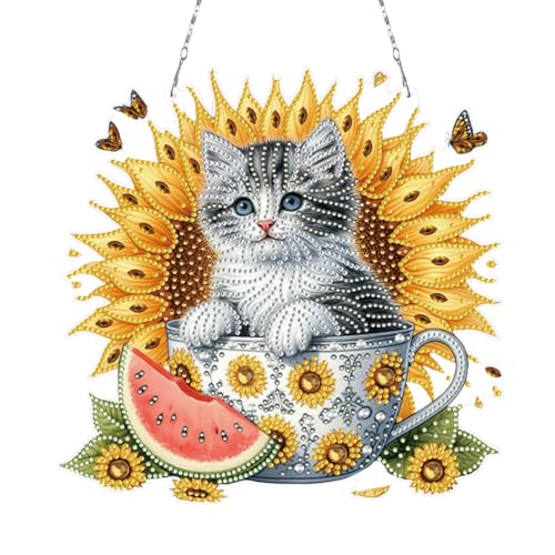 Aodejoy Diamond Painting Niedlicher Katzen,DIY Diamond Painting Katze Anhänger mit Kette, 5D Diamant Painting Fensterbilder,Diamantmalerei zum Aufhängen für Fenster Wand Und Eingang Decor-#1 von Aodejoy