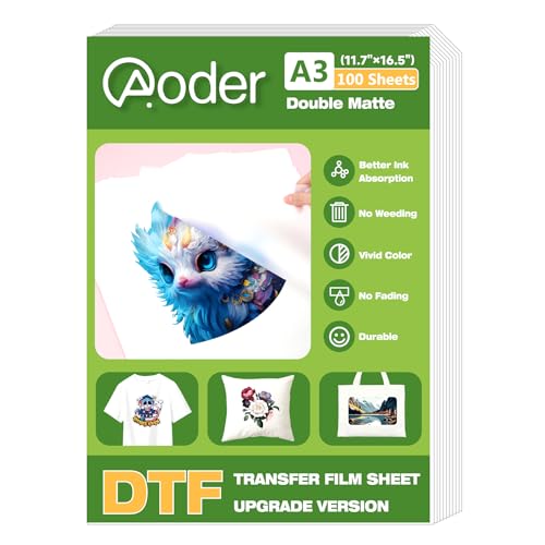 Aoder DTF-Transferfolie, A3, 100 Blatt, doppelseitige matte DTF-Folie, klares PreTreat PET-Transferpapier für T-Shirts, Textil, Kaltabziehfolie, A3, DTF Transferfolie, Blätter für Epson von Aoder