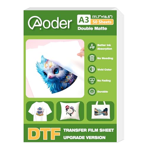 Aoder DTF Transferfolie, A3 (27,9 x 43,2 cm), 50 Blatt, doppelseitige matte DTF-Folie, transparentes PreTreat PET-Transferpapier für T-Shirts, Textil, Kaltabziehfolie, A3, DTF Transferfolie für von Aoder