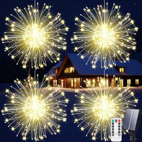 Aofonchy 4 Stück Solar Feuerwerk Lichterketten, 600LED 8 Modi Wasserdicht Hängende Pusteblume Lichterkette, Fernbedienung, Hängende Feuerwerk Lichterkette für Garten Hochzeit Weihnachten von Aofonchy