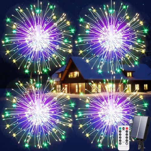 Aofonchy 4 Stück Solar Feuerwerk Lichterketten, 600LED 8 Modi Wasserdicht Hängende Pusteblume Lichterkette, Fernbedienung, Hängende Feuerwerk Lichterkette für Garten Hochzeit Weihnachten von Aofonchy