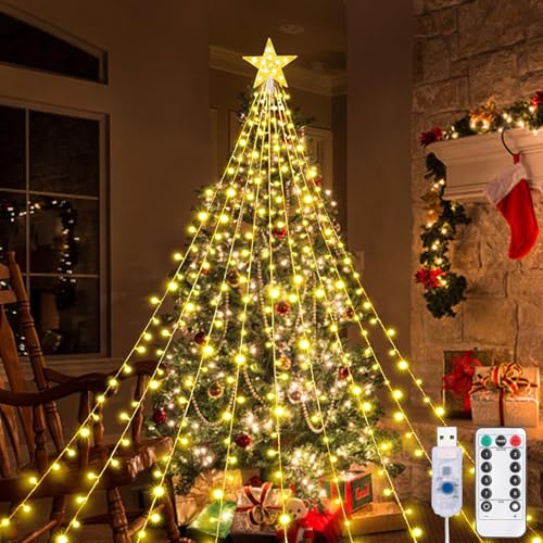 Aofonchy Lichterkette Weihnachtsbaum, 2M x 9 Stränge 198 LED USB Lichterkette mit Stern, Wasserdichte Weihnachtsbeleuchtung mit 8 Leuchtmodi & Fernbedienung für Weihnachtsbaum Dekoration von Aofonchy