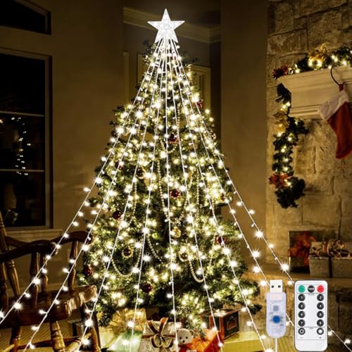 Aofonchy Lichterkette Weihnachtsbaum, 2M x 9 Stränge 198 LED USB Lichterkette mit Stern, Wasserdichte Weihnachtsbeleuchtung mit 8 Leuchtmodi & Fernbedienung für Weihnachtsbaum Dekoration von Aofonchy