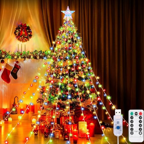 Aofonchy Lichterkette Weihnachtsbaum, 2M x 9 Stränge 198 LED USB Lichterkette mit Stern, Wasserdichte Weihnachtsbeleuchtung mit 8 Leuchtmodi & Fernbedienung für Weihnachtsbaum Dekoration von Aofonchy