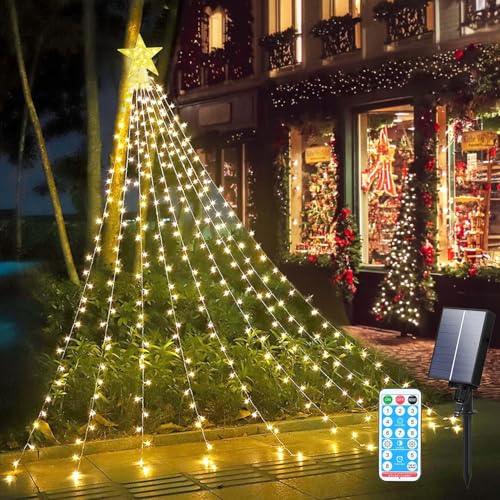 Aofonchy Solar Lichterkette Weihnachtsbaum, 2M x 9 Stränge 198 LED USB Lichterkette mit Stern, Wasserdichte Weihnachtsbeleuchtung mit 8 Leuchtmodi & Fernbedienung für Weihnachtsbaum dekoration von Aofonchy