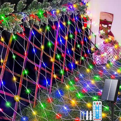 Aofonchy Solar Lichternetz Außen, 1.5 * 1.5M 96LED Lichternetz, Wasserdichte Lichterkettennetz, 8 Modi Lichterketten mit Fernbedienung & Timer, Mesh Lichterkette für Weihnachten Hochzeit Büsche von Aofonchy