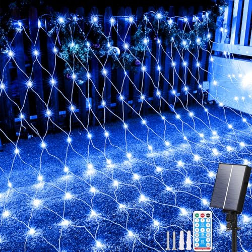 Aofonchy Solar Lichternetz Außen, 1.5 * 1.5M 96LED Lichternetz, Wasserdichte Lichterkettennetz, 8 Modi Lichterketten mit Fernbedienung & Timer, Mesh Lichterkette für Weihnachten Hochzeit Büsche von Aofonchy