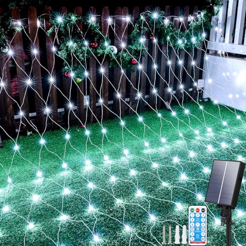 Aofonchy Solar Lichternetz Außen, 1.5 * 1.5M 96LED Lichternetz, Wasserdichte Lichterkettennetz, 8 Modi Lichterketten mit Fernbedienung & Timer, Mesh Lichterkette für Weihnachten Hochzeit Büsche von Aofonchy