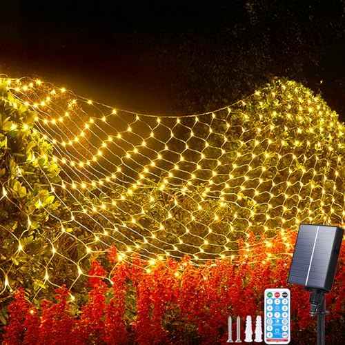 Aofonchy Solar Lichternetz Außen, 1.5 * 1.5M 96LED Lichternetz, Wasserdichte Lichterkettennetz, 8 Modi Lichterketten mit Fernbedienung & Timer, Mesh Lichterkette für Weihnachten Hochzeit Büsche von Aofonchy