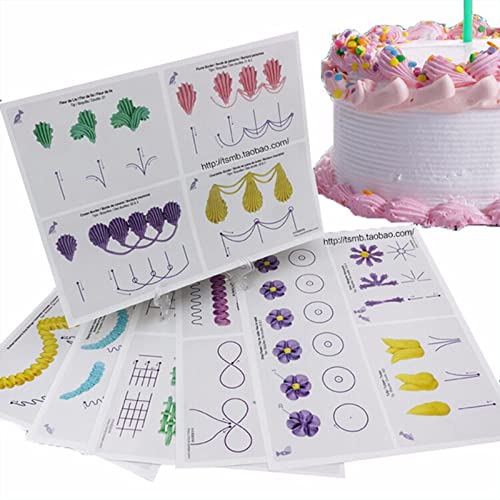 Aoguaro 12 Blatt Kuchen Dekorieren Übungs-Set Kuchen Dekorieren Piping Techniken Training Kit DIY Kuchen Creme Dekorieren Übungsbrett Zeichnungen für Training Anfänger von Aoguaro