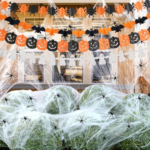 Halloween Deko Spinnennetz,200g Halloween Spinnennetz Dekoration, mit 60 Spinnens und 4St Halloween Girlande Banner Deko, Spinnennetz Deko, für Outdoor Garten Innen Horror Party Hängende Gruselig Deko von Aoiuenok