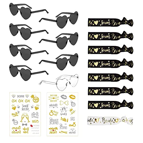 JGA Partybrillen Set, 18 Stück Bride Herz Brille, JGA Armbänder Frauen und Bride Tattoo Aufkleber, JGA Deko Accessoires für JGA Hochzeit Geburtstag Party (1 Braut 7 Team) von Aoiuenok