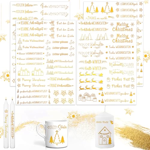 Kerzentatoos Weihnachten, 4 PCS A5 Glitzer Gold Weihnachten Kerzen Tattoo, Kerzen Tattoofolie, Blattgold Kerzenfolie, Kerzen Wasserschiebefolie, Weihnachten Kerzen Dekorieren Geschenk (A) von Aoiuenok