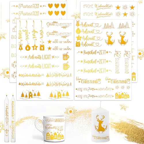 Kerzentatoos Weihnachten, 4 PCS A5 Glitzer Gold Weihnachten Kerzen Tattoo, Kerzen Tattoofolie, Blattgold Kerzenfolie, Kerzen Wasserschiebefolie, Weihnachten Kerzen Dekorieren Geschenk (A) von Aoiuenok