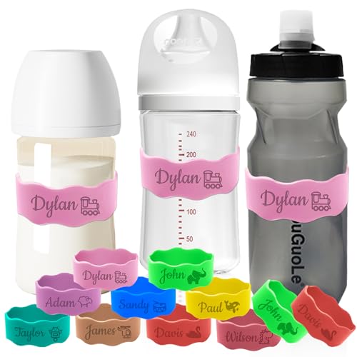 Aokizkdzsw Personalisierte Babyflaschen-Etiketten Kindertagesstätte Wiederverwendbar, Personalisieren Silikon Wasserflasche Name Bands Graviert Cup Wasserdicht Grip Straps Bottle Bands von Aokizkdzsw