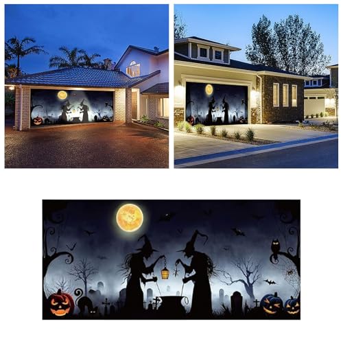 Halloween Garage Door Banner, Halloween Garagentor Abdeckung, Große hängende Tür-Abdeckung, Halloween-Garage-Wanddekorationen für den Außenbereich, Haus, Hof, Garagentor-Dekorationen(A2-B,400x180cm) von Aoklidil