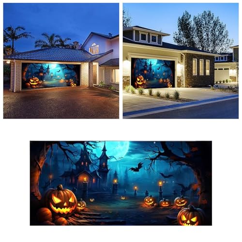 Halloween Garage Door Banner Garagentor Dekorationen Abdeckung Dekoration Geschenk Böse Kürbisse Grusel Castle Schädel Hängende Garage Hintergrund Party Fotoaufnahmen Home Wall Decor(A1-A,210x150cm) von Aoklidil