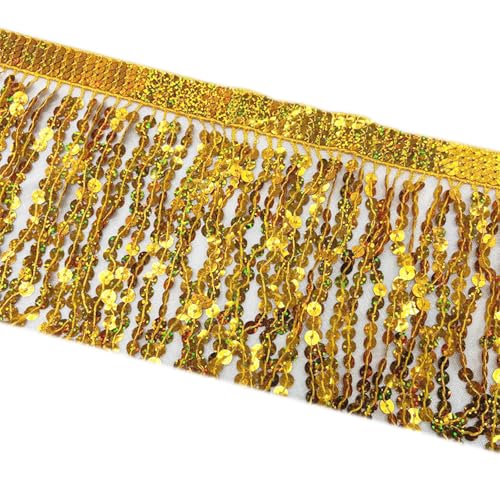 Pailletten-Fransenbordüre, 15 cm x 91 cm, goldfarben, glitzernde Fransenborte mit Quaste von Aoktorkit