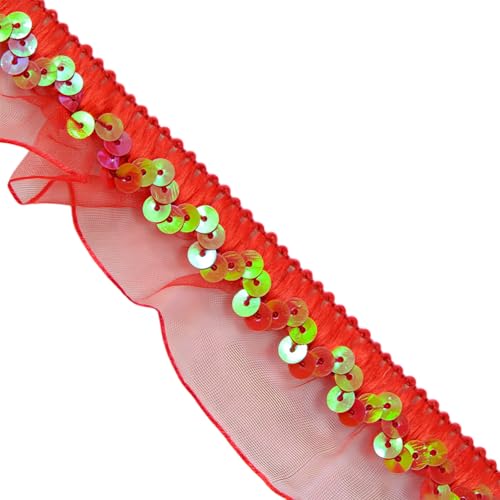 Rotes plissiertes Spitzenband, elastischer Pailletten-Spitzenbesatz, flacher Glitzer-Paillettenbesatz zum Basteln, Nähen, Dekoration, 3 cm x 11 m von Aoktorkit