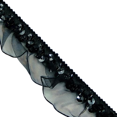 Schwarzes plissiertes Spitzenband, elastischer Pailletten-Spitzenbesatz, flacher Glitzer-Paillettenbesatz zum Basteln, Nähen, Dekoration, 3 cm x 11 m von Aoktorkit