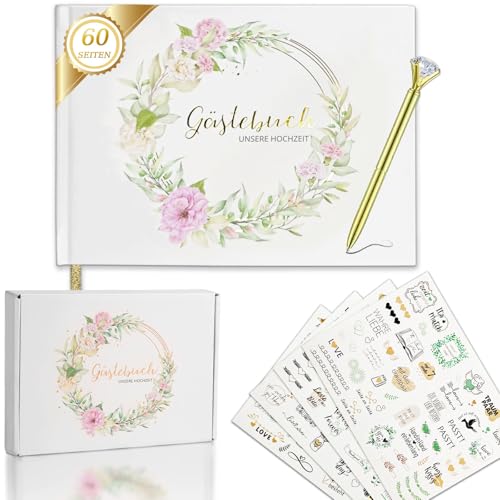 Aolawco Gästebuch Hochzeit mit Stifte + 4 Sticker, Goldfolienveredelung, 120 Seiten Gästebuch Blanko, Hochzeitsalbum, für Gastgeschenke Hochzeit & Hochzeitsdeko & Hochzeitsspiele von Aolawco