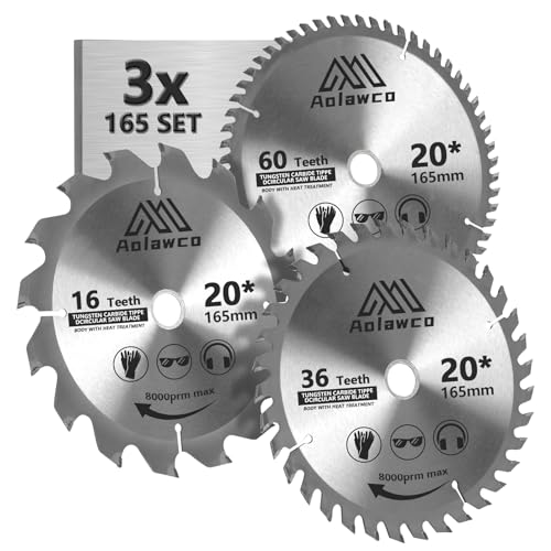 Aolawco 3-tlg Kreissägeblätter Set, Sägeblatt 165x20 für Stationärsägen, Nagelfest Kreis- & Tischkreissägen - Ideal für diverse Holzarten & Plattenmaterialien Reduzier-Ringe auf 16 u. 20 mm von Aolawco