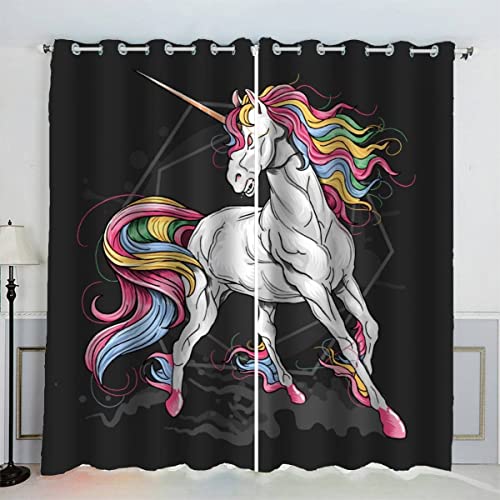 Aolity Vorhänge Ösen Gardinen Regenbogen Pferd Verdunklungsvorhänge Wohnzimmer Schlafzimmer Kinderzimmer Mädchen Jungen Tiere Schwarz Vorhänge Blickdicht 140 x 160 cm (BxH) von Aolity