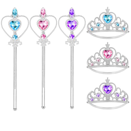 Aolso Prinzessin Kostüme Zubehör Set of 6, Eiskönigin Krone und Zauberstab ELSA Dress Up Zubehör Set, Ohrring für Geburtstage, Cosplay und Festivals(Blau/Rosa/Lila) von Aolso