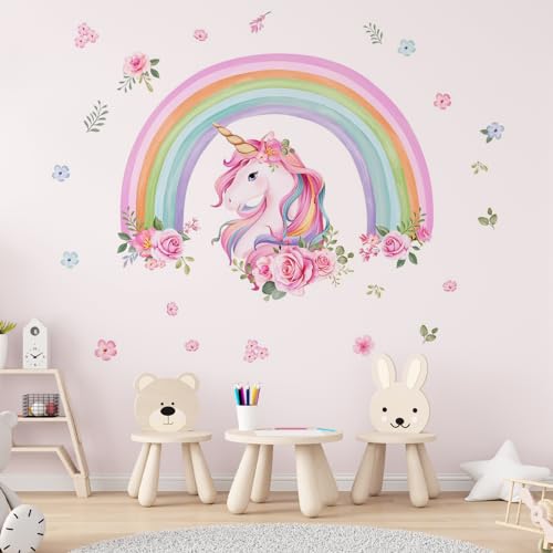 Aolso Wandtattoo Regenbogen, Wandtattoo Regenbogen Sonne Wandaufkleber, Wandaufkleber für Babyzimmer, Wandsticker Wanddeko für Mädchen Kinderzimmer Schlafzimmer Wohnzimmer (Einhorn) von Aolso