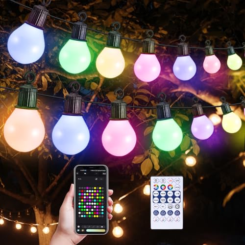 Aomdom Lichterkette Outdoor, 100ft/30M 50 Glühbirnen Lichterkette Außen mit Fernbedienung und App, Timer, 16 Millionen Farben und über 50 Szenenmodi, wasserdichte Led Lichterkette für Party Garten von Aomdom