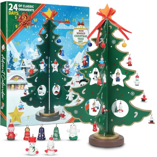 36cm Weihnachtsbaum Adventskalender 2024 Geschenk zu Weihnachten Holz Weihnachtsbaum Dekoration für den Schreibtisch DIY Weihnachtsbaum kit Weihnachtsbaum 3D Weihnachtsbaum 24 süße Mini Ornamente Grün von Aomiduo