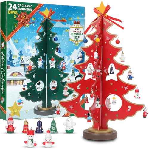 36cm Weihnachtsbaum Adventskalender 2024 Geschenk zu Weihnachten Holz Weihnachtsbaum Dekoration für den Schreibtisch Weihnachtsbaum kit Weihnachtsbaum 3D DIY Weihnachtsbaum 24 süße Mini Ornamente Rot von Aomiduo