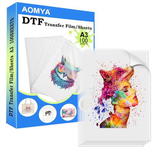 DTF Transferfolie Papier A3 100 Blatt, 29,7 x 41,9 cm, glänzend, klar, PreTreat PET Wärmetransferpapier, DTF-Folie für Sublimations- und DTF-Drucker, DTF-Folie für Sublimationsdruck, verbesserte von Aomya