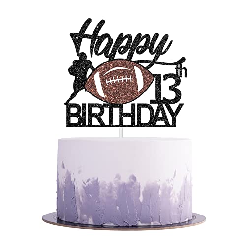 Aonbon Schwarzer Glitzer Fußball Happy 13th Birthday Cake Topper, Fußball 13th Birthday Party Dekoration, Fußball Thema Happy 13th Birthday Party Supplies von Aonbon